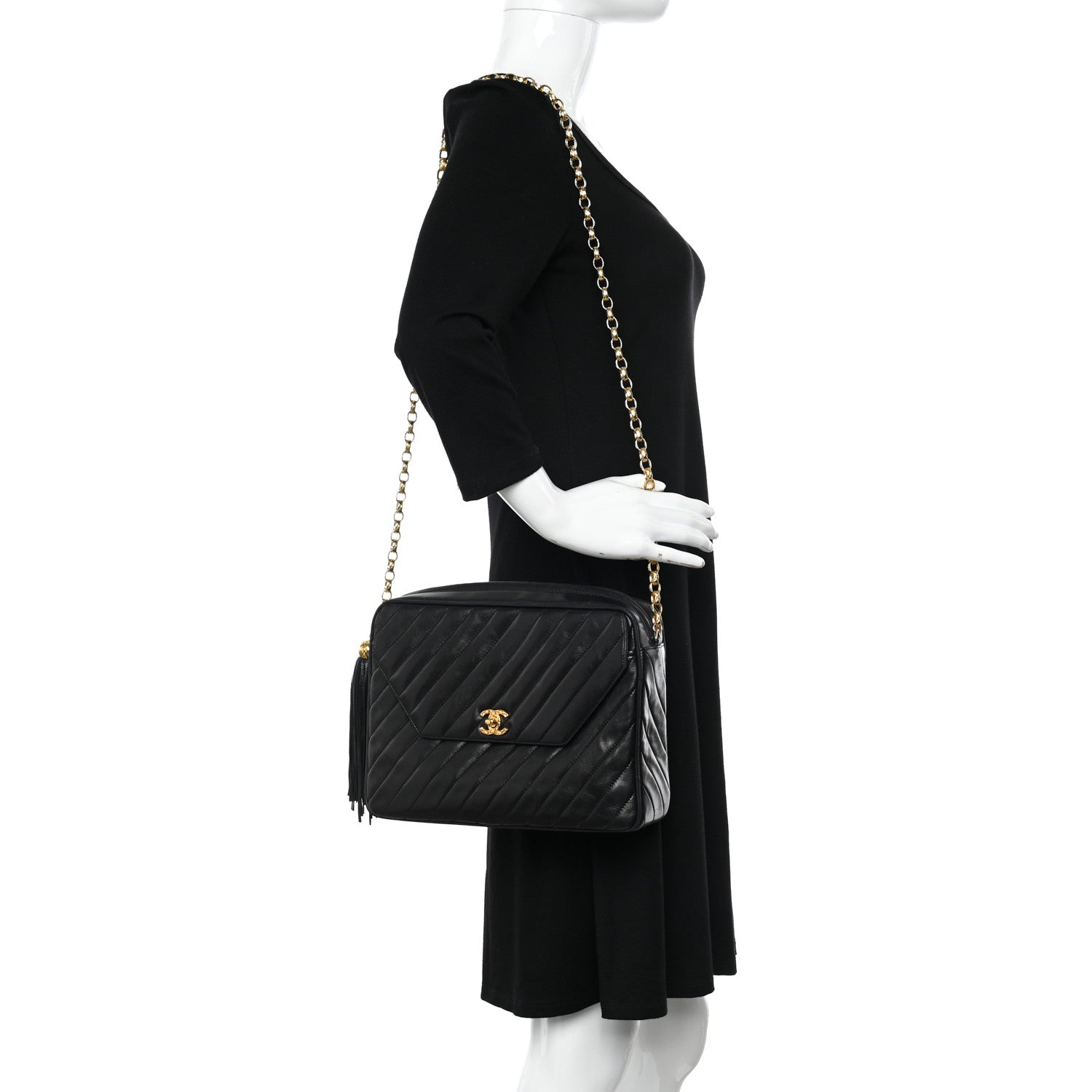 Chanel Lambskin Diagonal Quilted Tassel Camera Bag Black 2 of 9