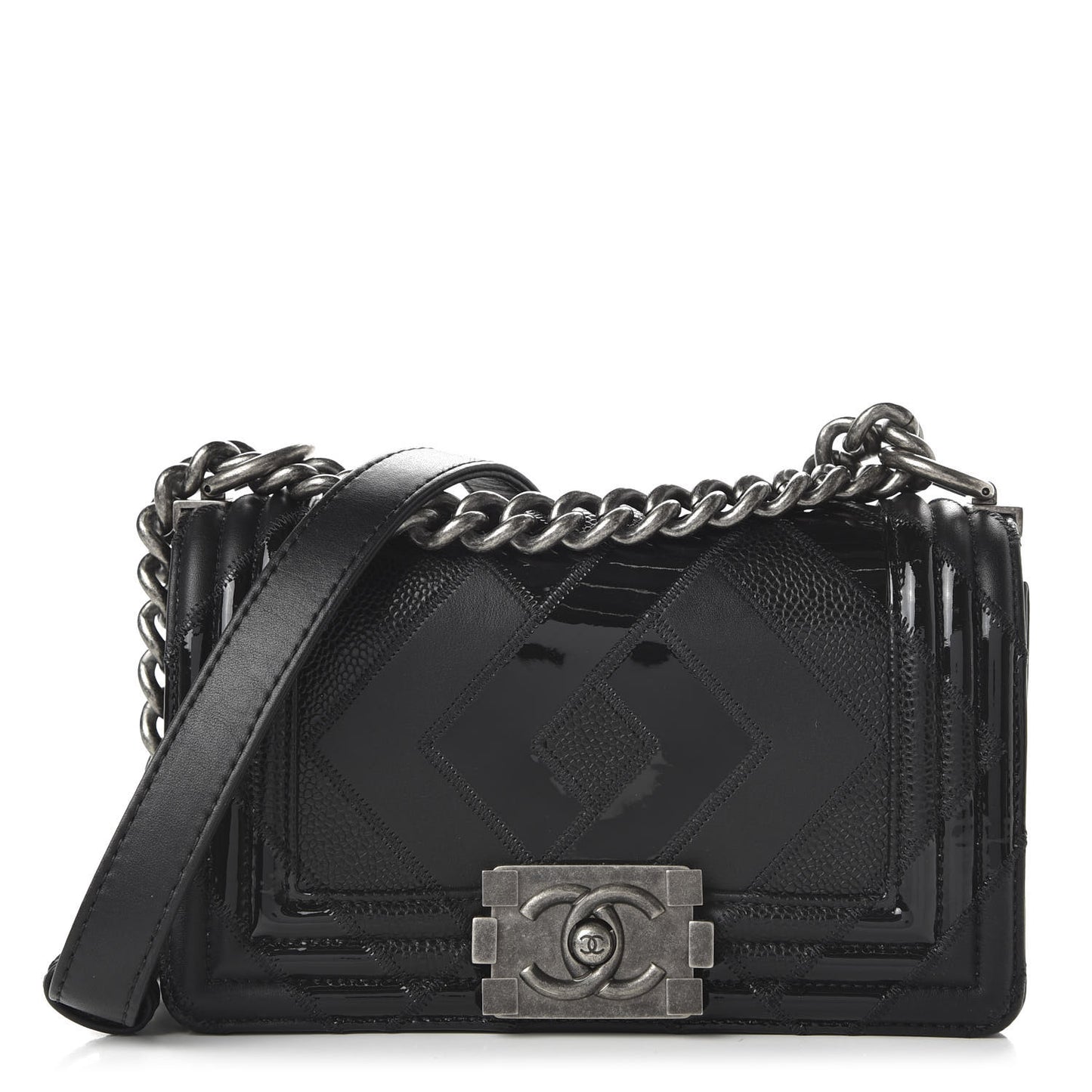 Calfskin Patent Calfskin Caviar Small Boy Flap Black