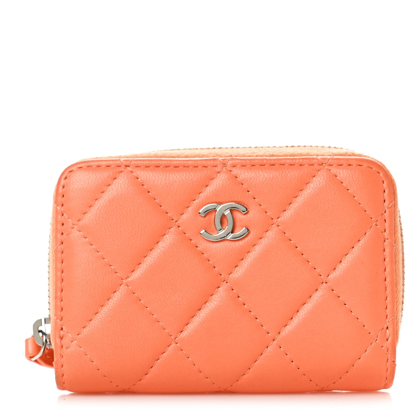 Lambskin Quilted Zip Around Coin Purse Wallet Coral