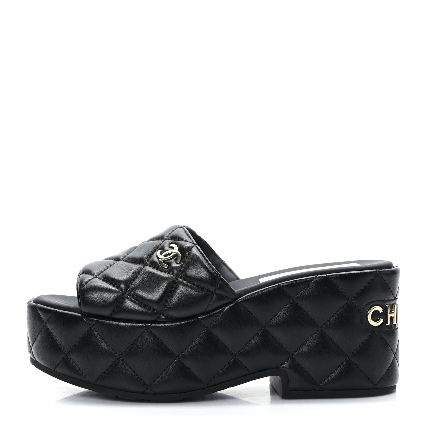 Lambskin Quilted CC Mules Wedge Sandals 36 Black
