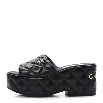 Chanel Lambskin Quilted CC Mules Wedge Sandals 36 Black 1 of 9