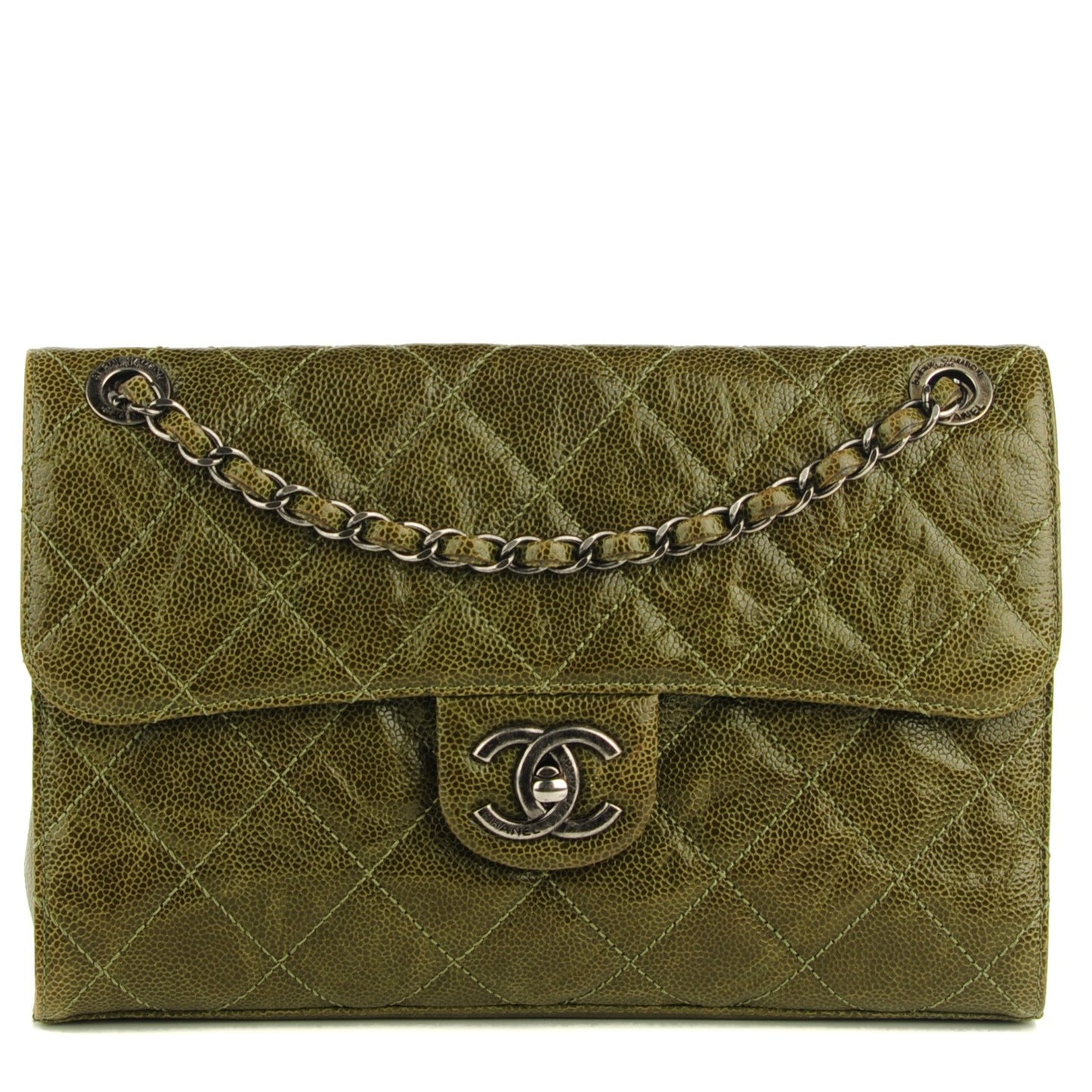 Crumpled Grained Calfskin Medium CC Crave Flap Green