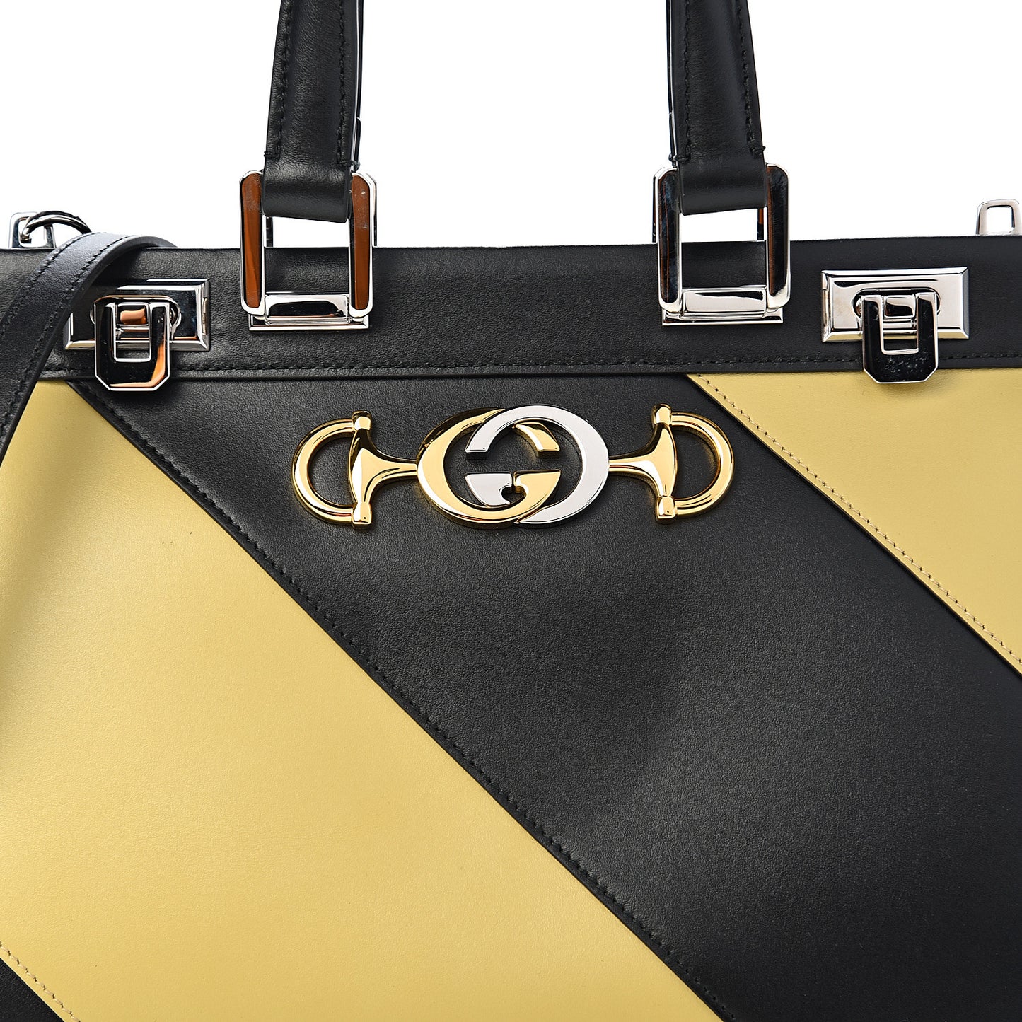 Smooth Calfskin Diagonal Striped Small Zumi Top Handle Bag Black Beige