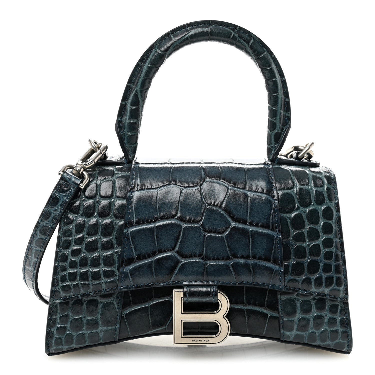 Balenciaga Shiny Calfskin Crocodile Embossed Hourglass Top Handle