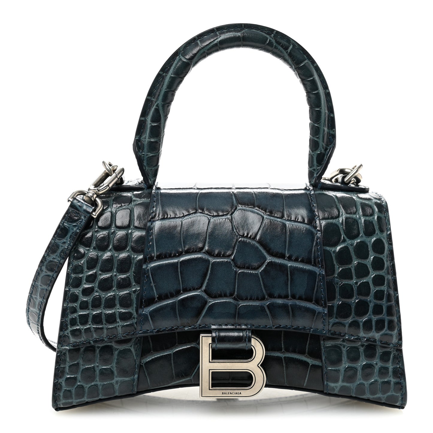 Shiny Calfskin Crocodile Embossed Hourglass Top Handle Bag XS Denim Blue