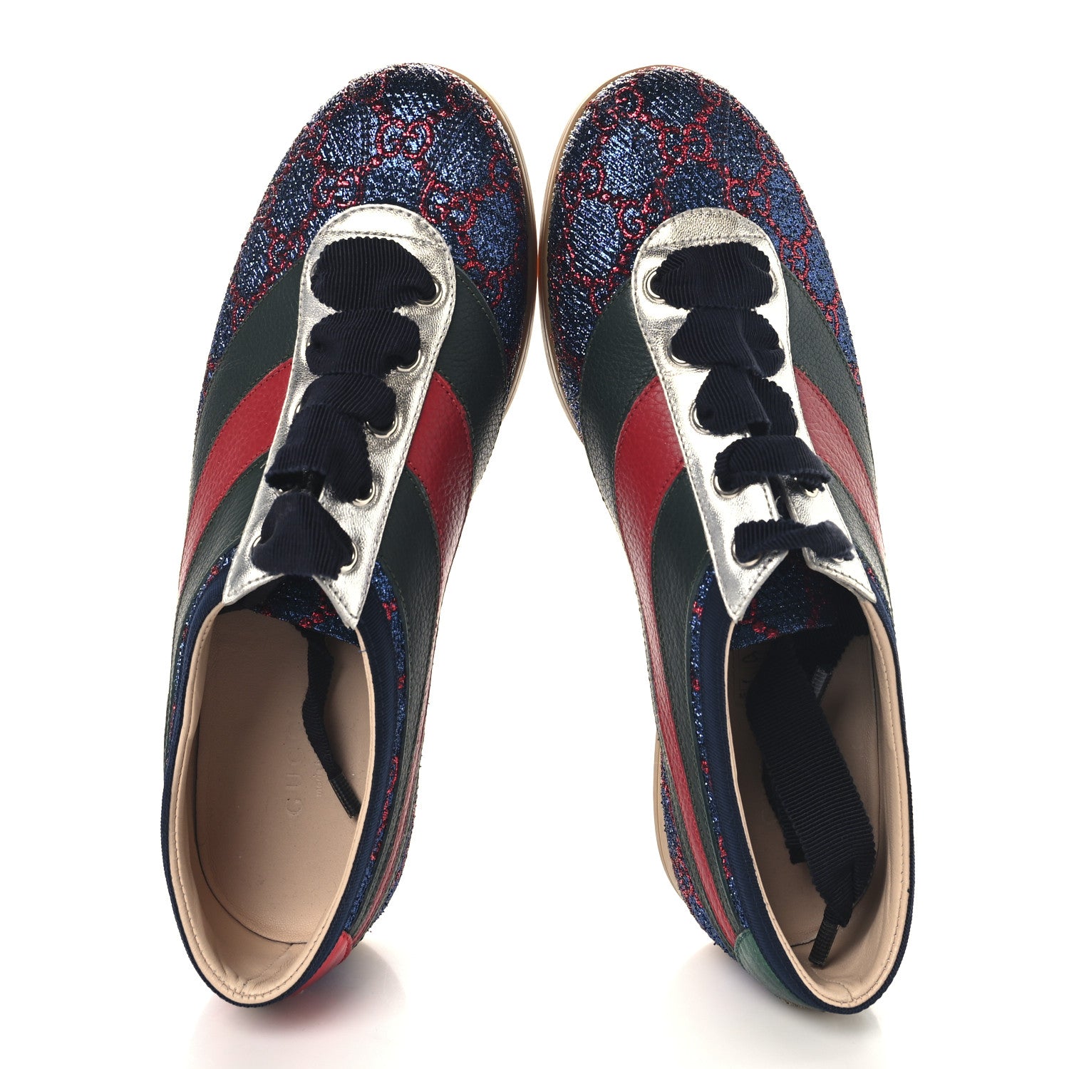 Gucci Lurex Calfskin Web GG Monogram Womens Falacer Sneakers 37 Iridescent Blue Iridescent Red Silver 2 of 9