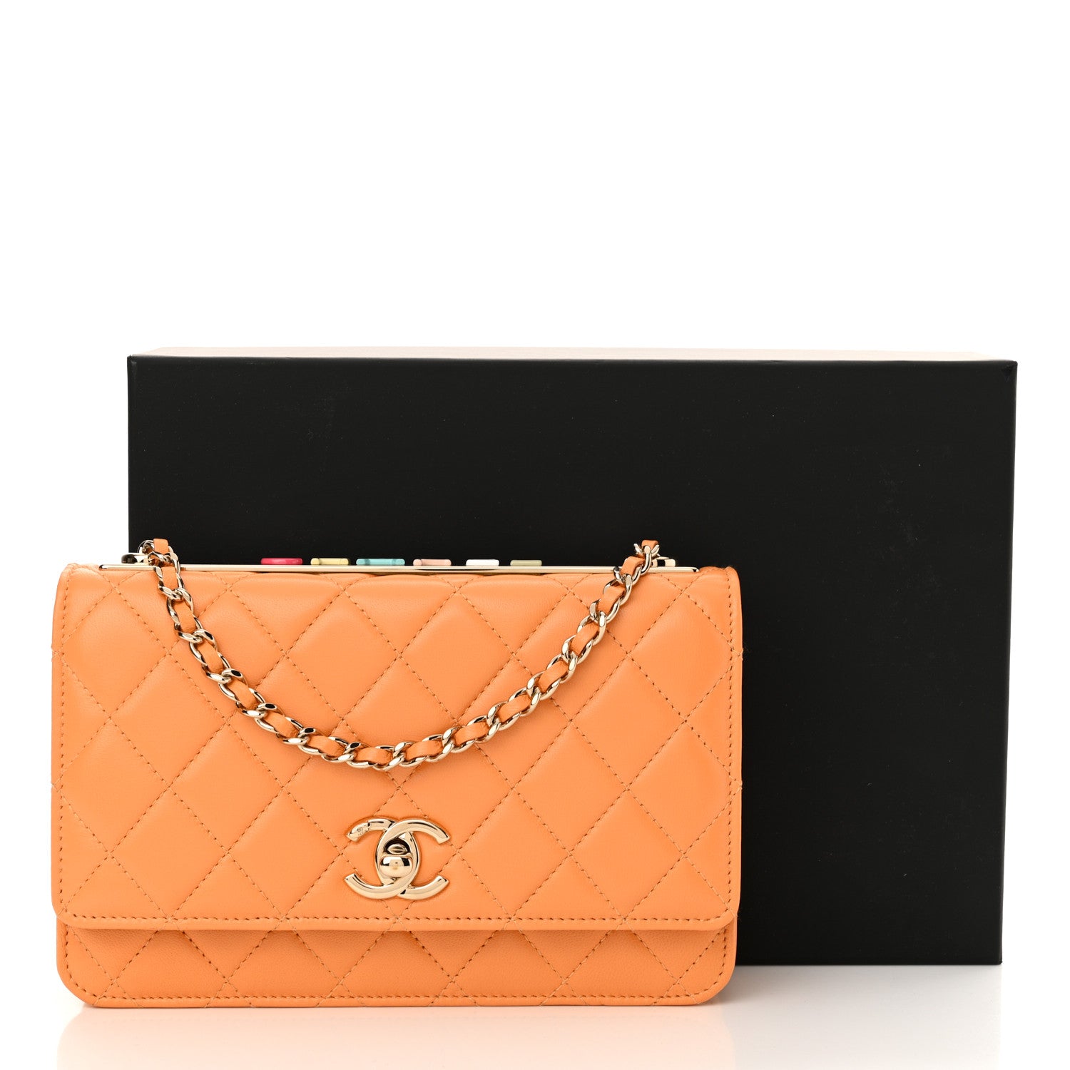 Chanel Lambskin Lacquered Quilted Trendy CC Wallet On Chain WOC Orange 13 of 13