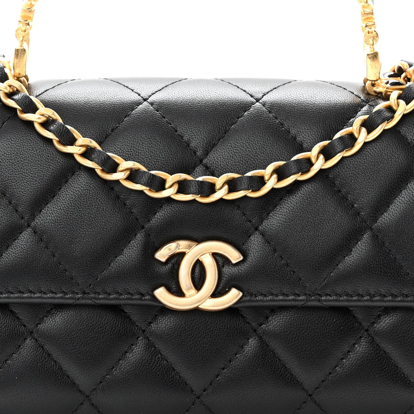 Lambskin Enamel Quilted Top Handle Flap Phone Holder With Chain Black