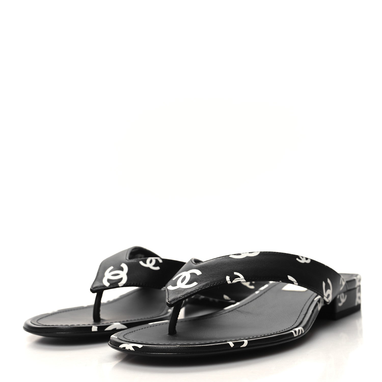 Chanel Printed Lambskin Coco Beach Thong Sandals 39 Black White 3 of 9