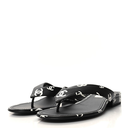 Chanel Printed Lambskin Coco Beach Thong Sandals 39 Black White 3 of 9