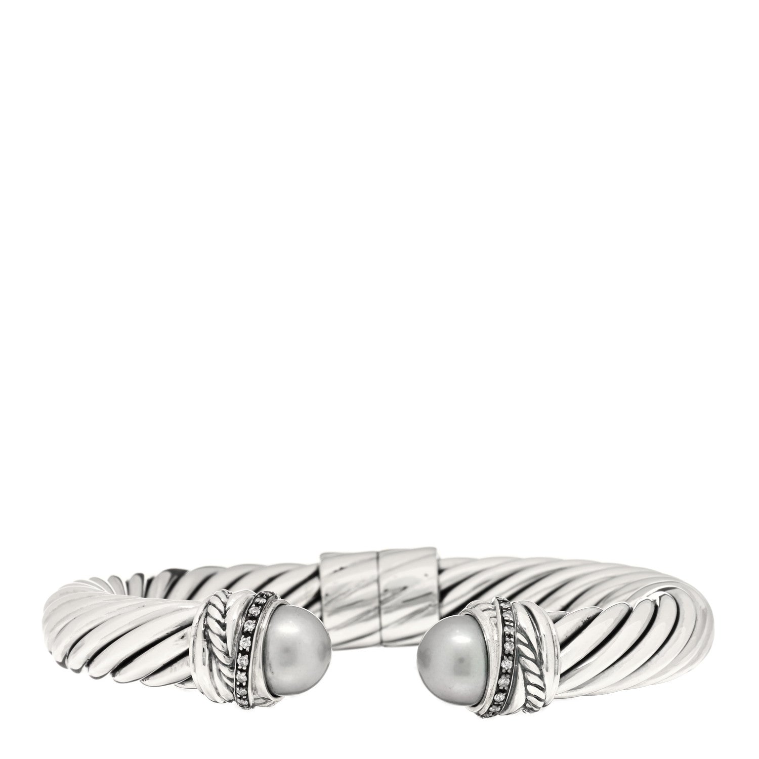 David Yurman Sterling Silver Diamond Pearl 10mm Crossover Hinge Bracelet 1 of 3