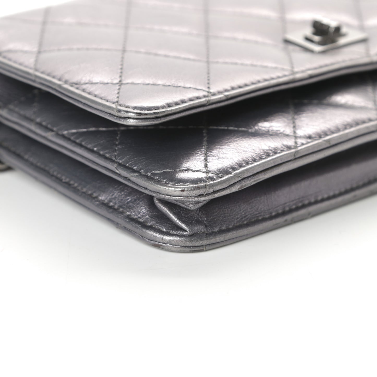 Metallic Aged Calfskin Quilted Reissue Wallet On Chain WOC Dark Silver