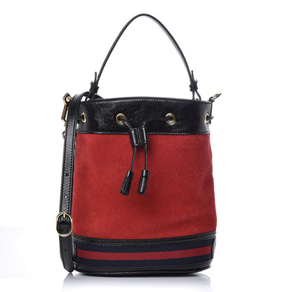 Gucci Suede Patent Web Small Ophidia Bucket Bag Hibiscus Red Black 1 of 8