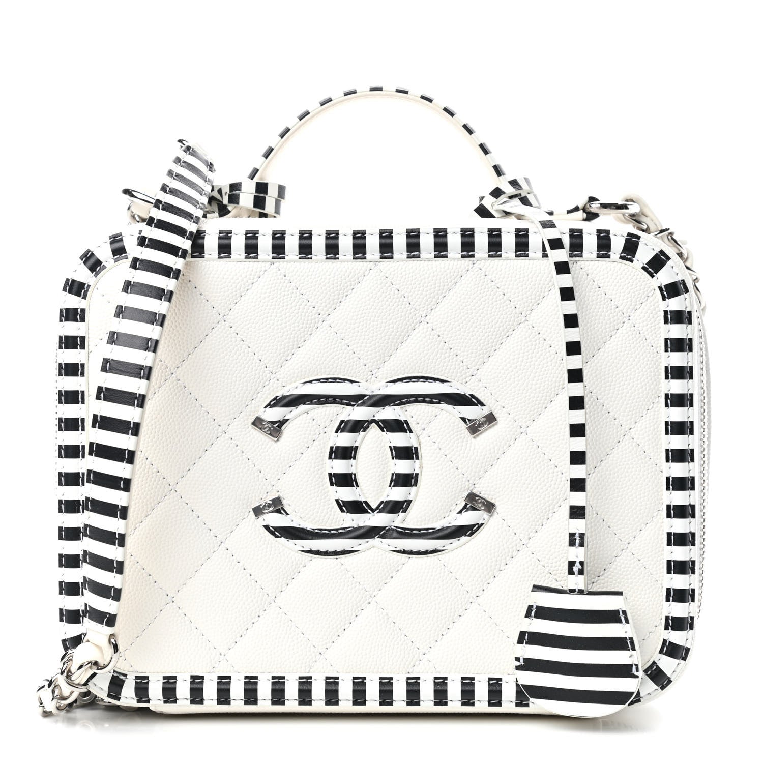 Chanel Caviar Quilted Striped Medium CC Filigree Vanity Case White Black 1 of 10