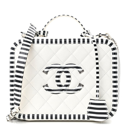 Chanel Caviar Quilted Striped Medium CC Filigree Vanity Case White Black 1 of 10