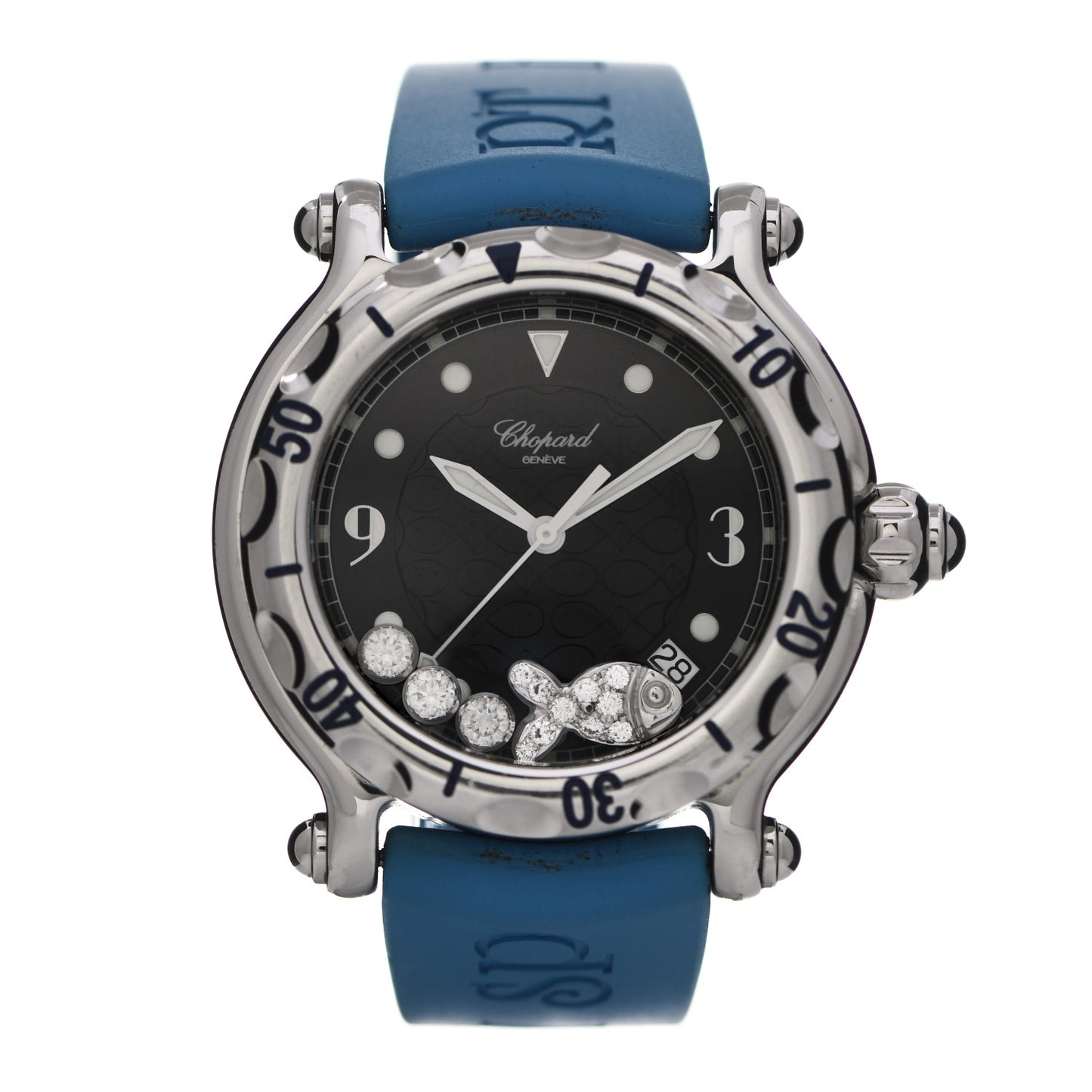 Stainless Steel Rubber Diamond 38mm Happy Sport Fish Quartz Watch Blue