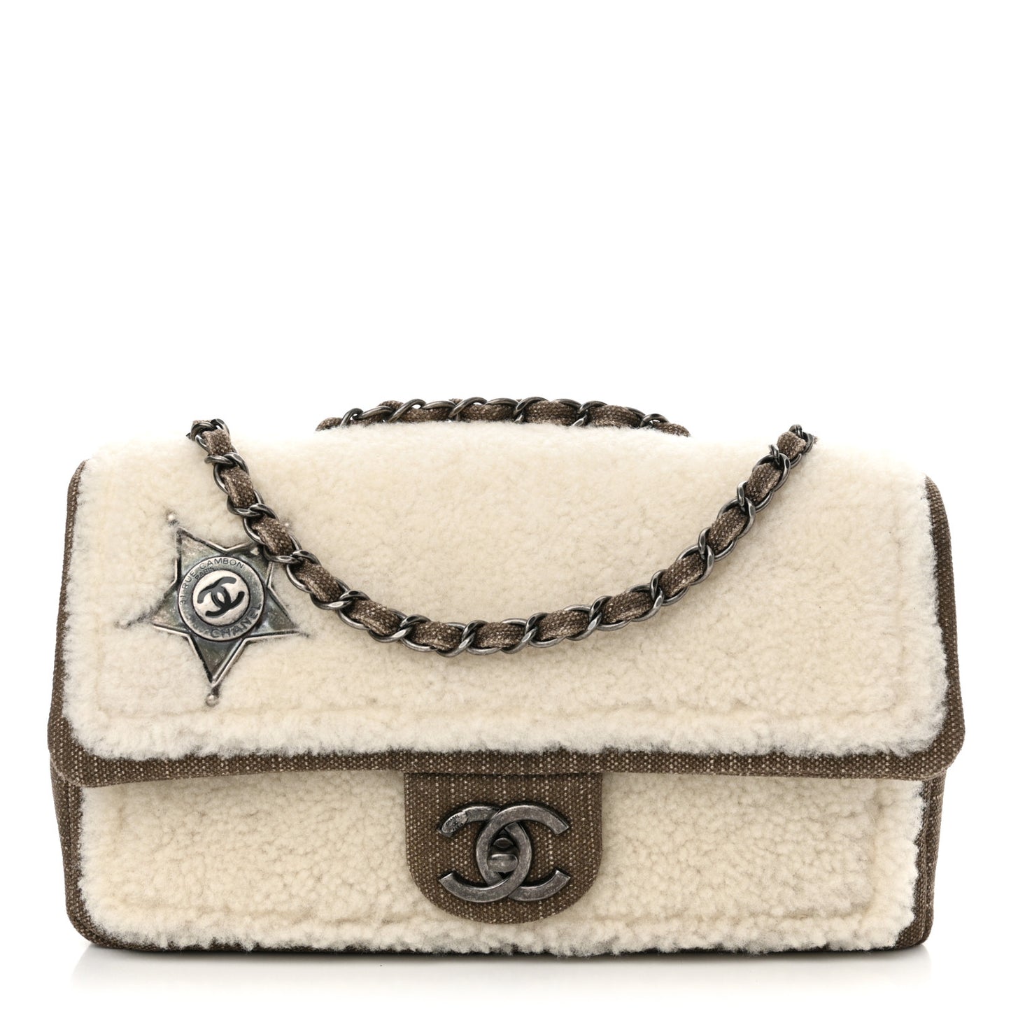 Shearling Sheepskin Denim Medium Paris Dallas Sheriff's Star Flap Beige