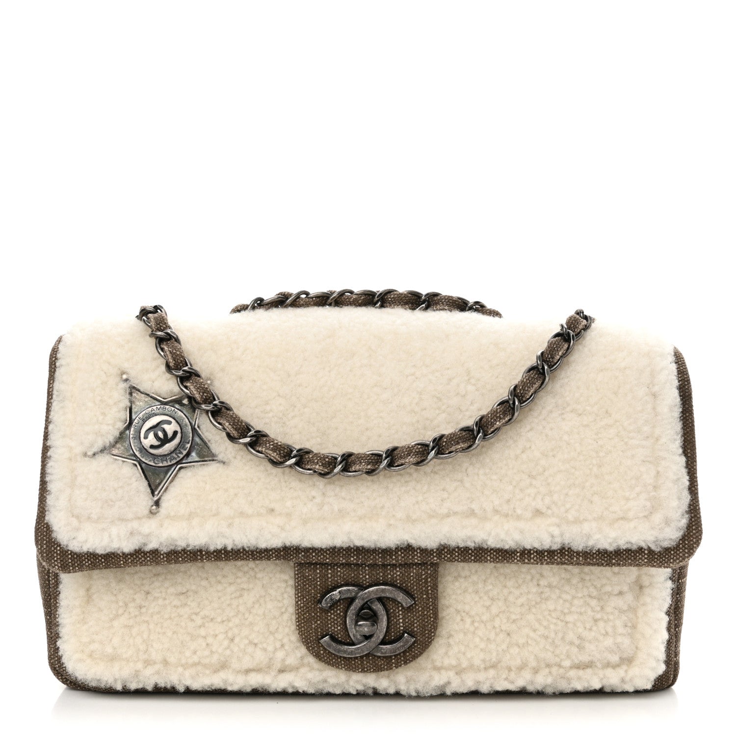 Chanel Shearling Sheepskin Denim Medium Paris Dallas Sheriff's Star Flap Beige 1 of 11