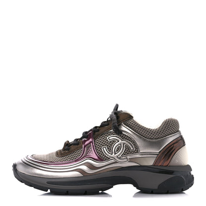 Chanel Fabric Laminated Calfskin Stretch CC Womens Sneakers 38.5 Khaki Silver Dark Purple 1 of 9