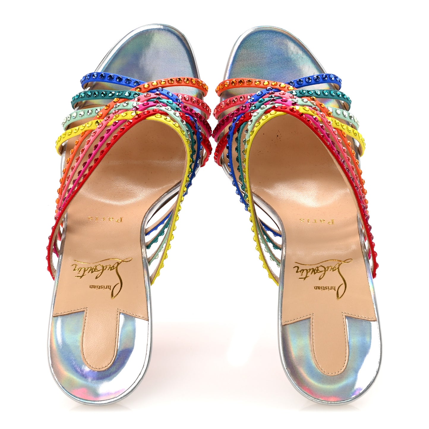 Specchio Calfskin Crystal Marthastrass 100 Slide Sandals 39 Silver Multicolor
