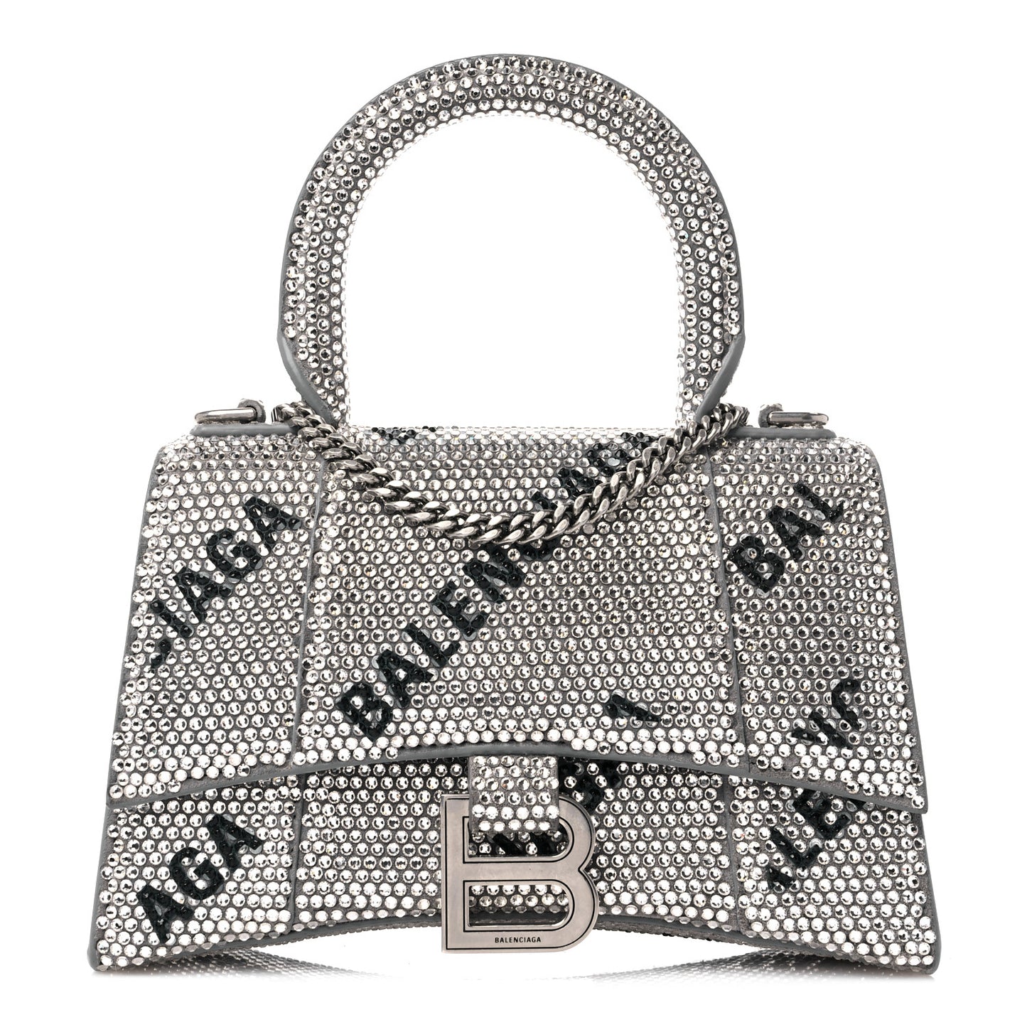 Strass Suede Allover Logo Hourglass Top Handle Bag XS with Chain Silver Black