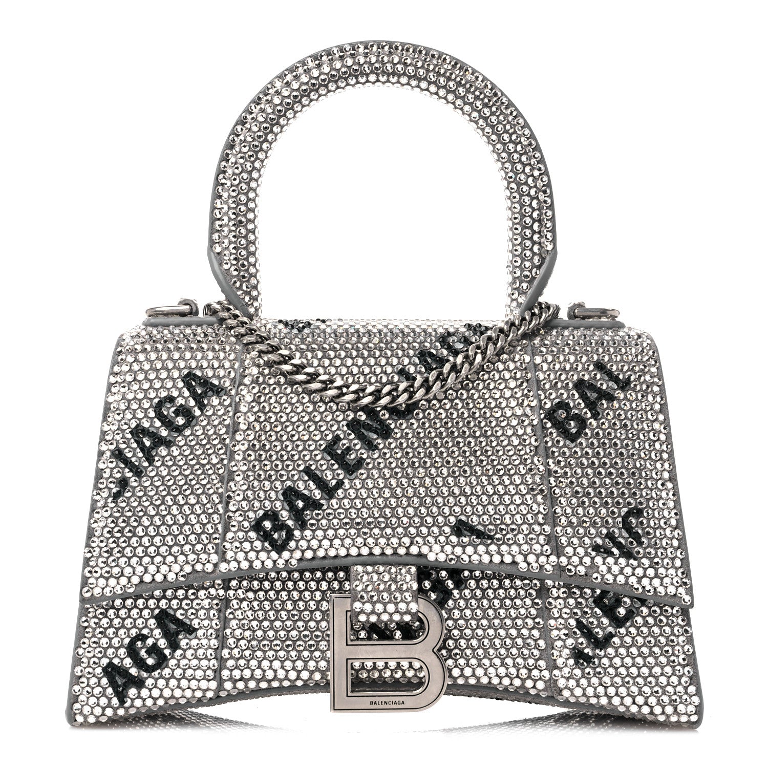Balenciaga Strass Suede Allover Logo Hourglass Top Handle Bag XS with Chain Silver Black 1 of 10
