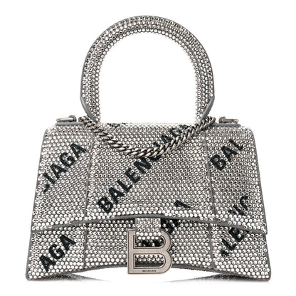 Balenciaga Strass Suede Allover Logo Hourglass Top Handle Bag XS with Chain Silver Black 1 of 10
