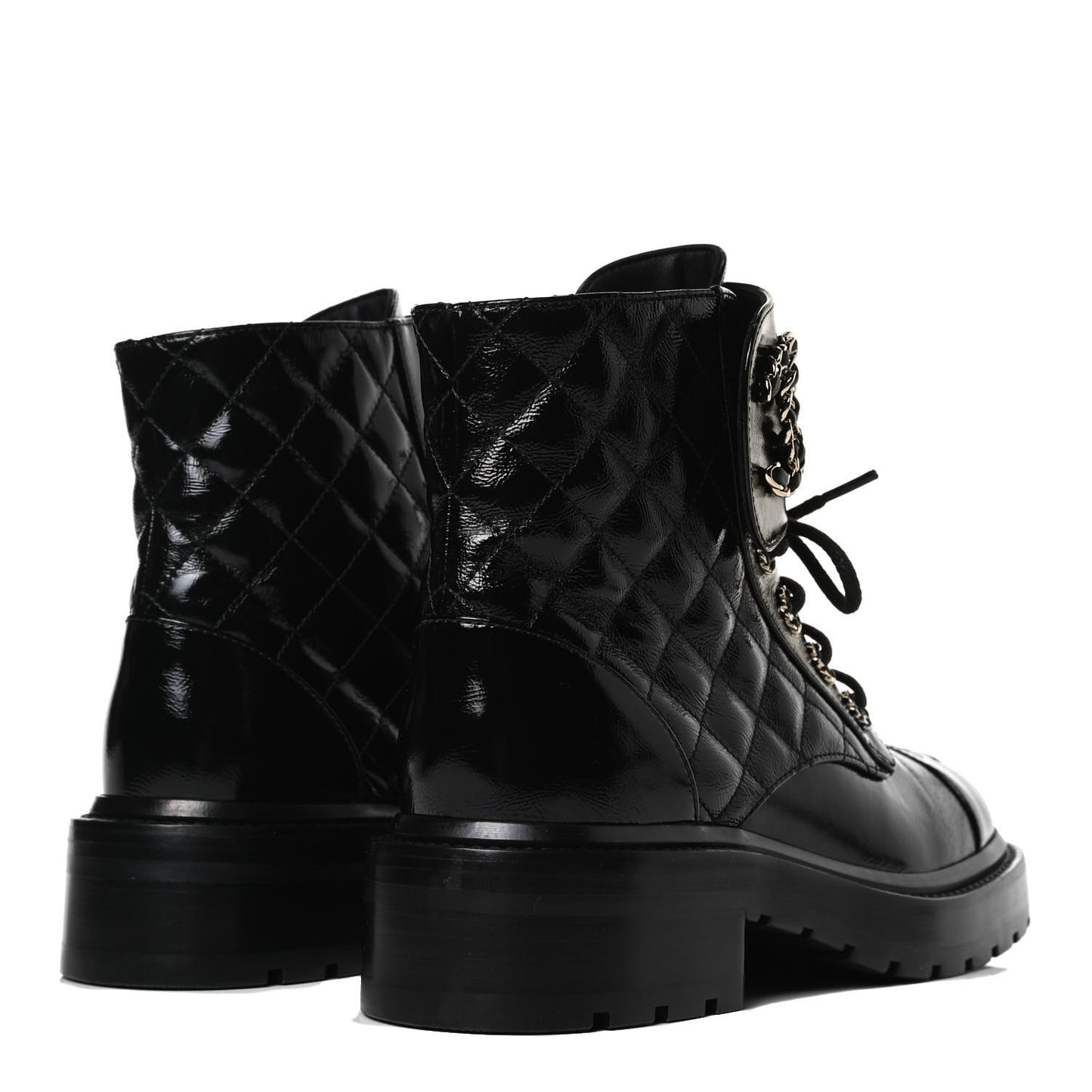 Shiny Calfskin Quilted Lace Up Combat Boots 35.5 Black