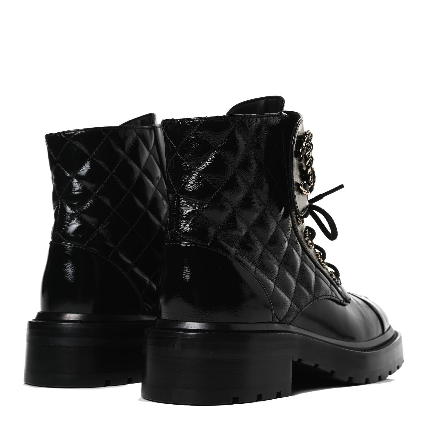 Chanel Shiny Calfskin Quilted Lace Up Combat Boots 35.5 Black 4 of 13