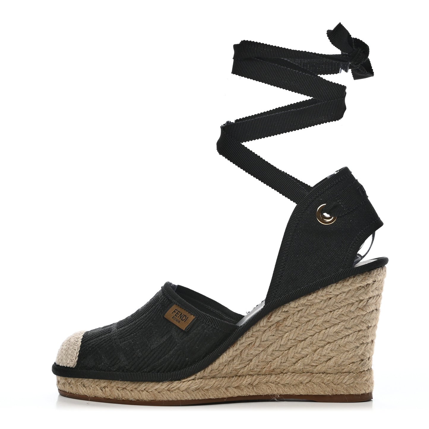 Canvas FF Embroidered Roma Ankle Wrap Espadrille Wedges 38 Black