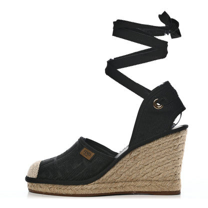 Fendi Canvas FF Embroidered Roma Ankle Wrap Espadrille Wedges 38 Black 1 of 8