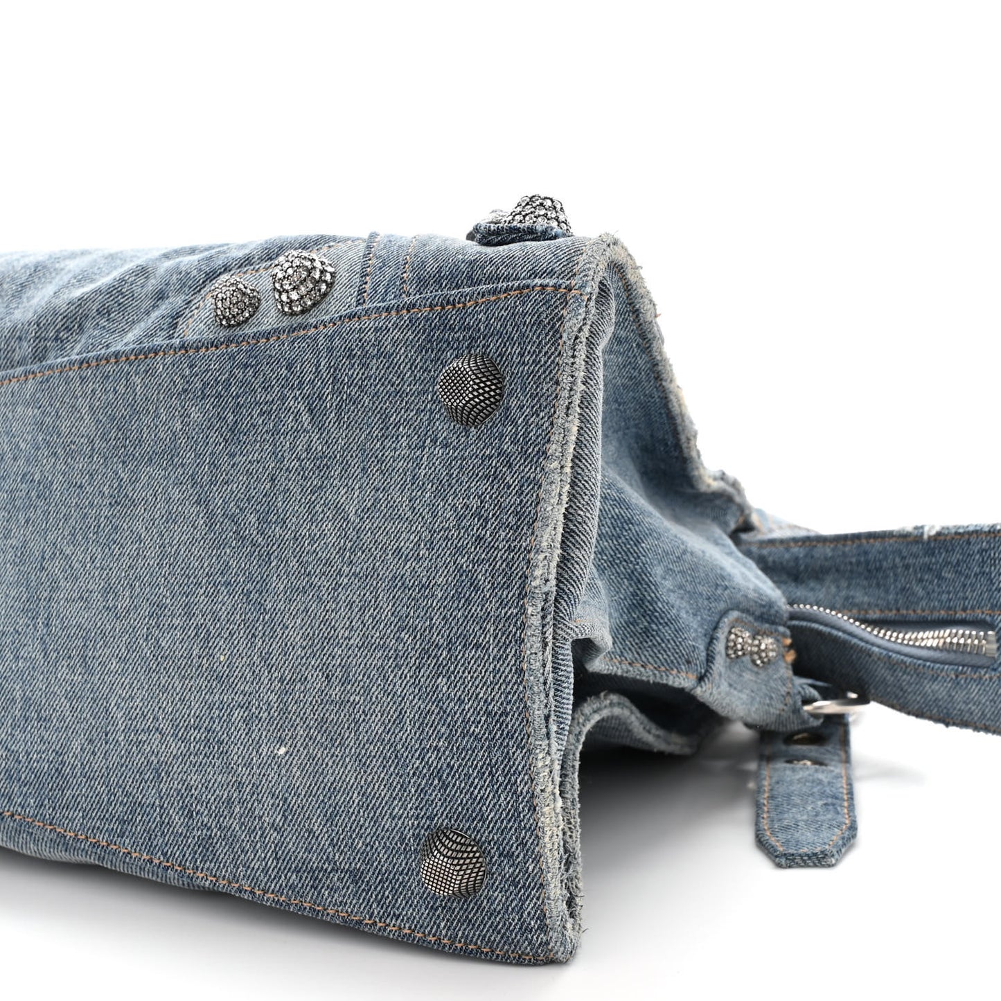 Washed Frayed Denim Crystal Neo Cagole City Handbag Blue