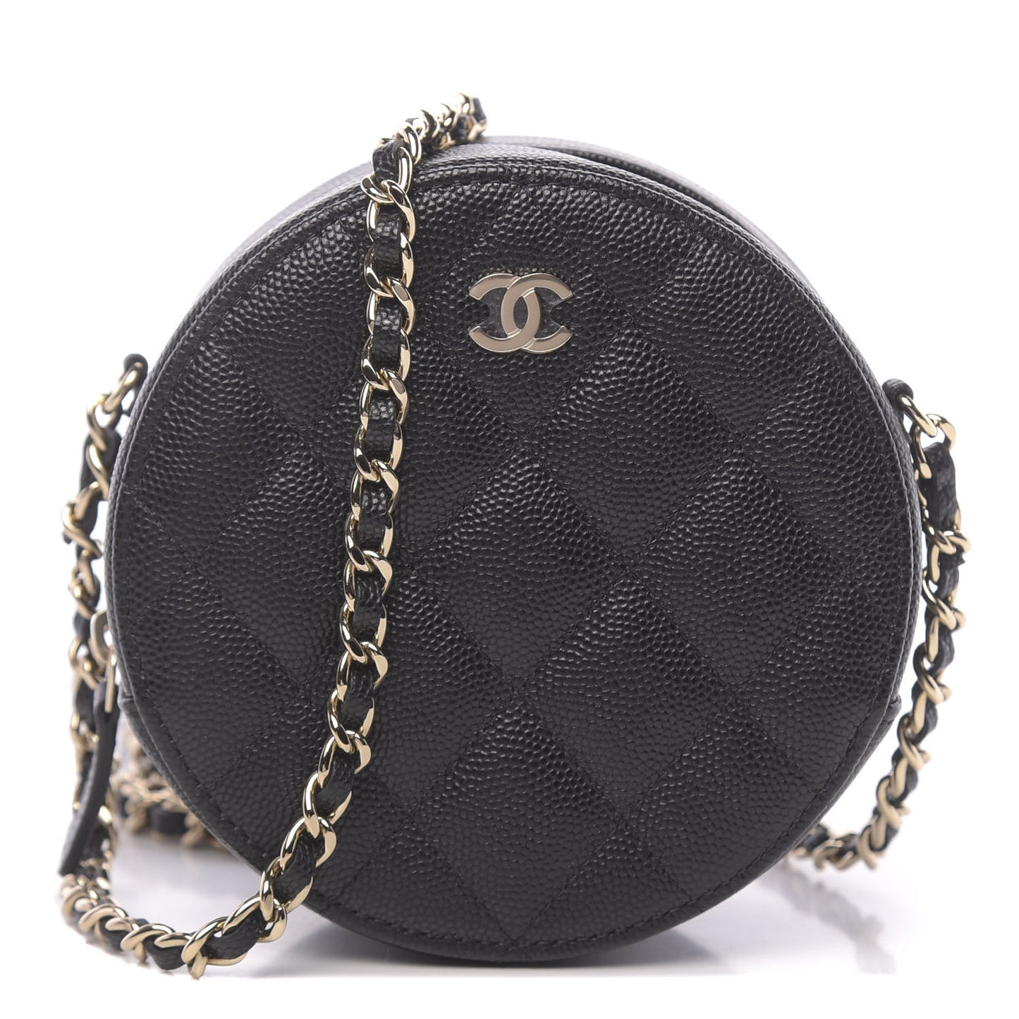 Caviar Quilted Round Clutch With Chain Black