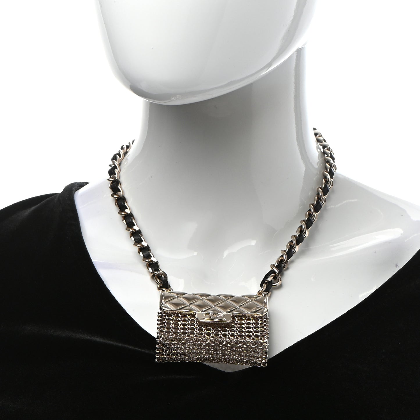 Metal Lambskin Chain Micro Bag Necklace Gold Black