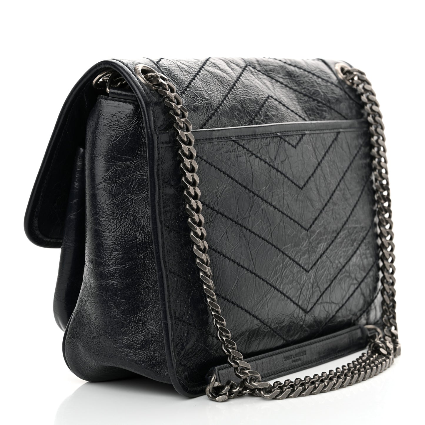 Crinkled Calfskin Matelasse Monogram Medium Niki Chain Satchel Deep Marine