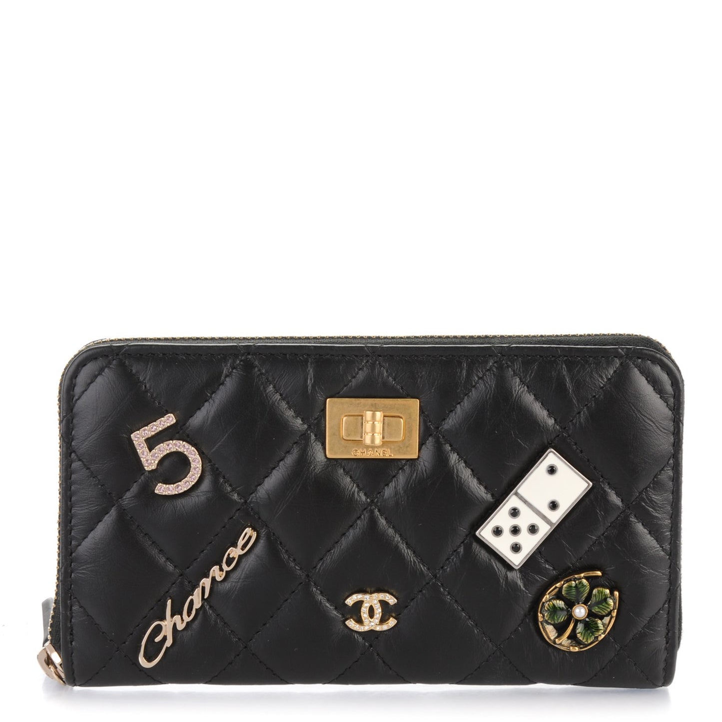 Aged Calfskin Quilted Small Lucky Charms Casino 2.55 Reissue Zip Around Wallet Black