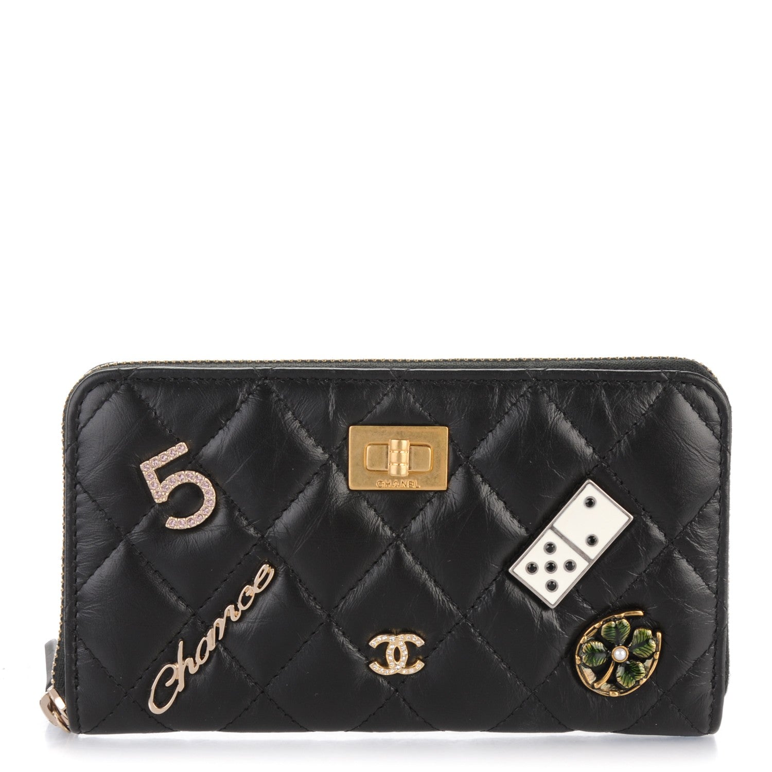 Chanel Aged Calfskin Quilted Small Lucky Charms Casino 2.55 Reissue Zip Around Wallet Black 1 of 8