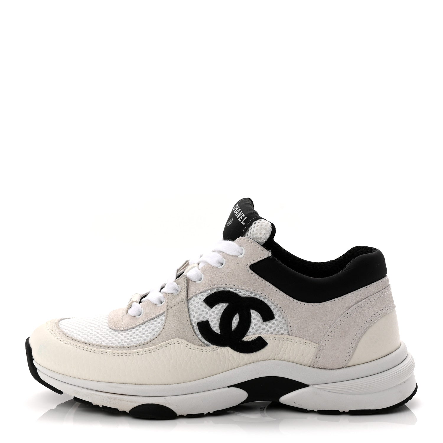 Chanel Mesh Suede Calfskin Grained Calfskin Womens CC Sneakers 37.5 White Black 1 of 11