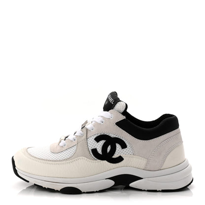 Chanel Mesh Suede Calfskin Grained Calfskin Womens CC Sneakers 37.5 White Black 1 of 11