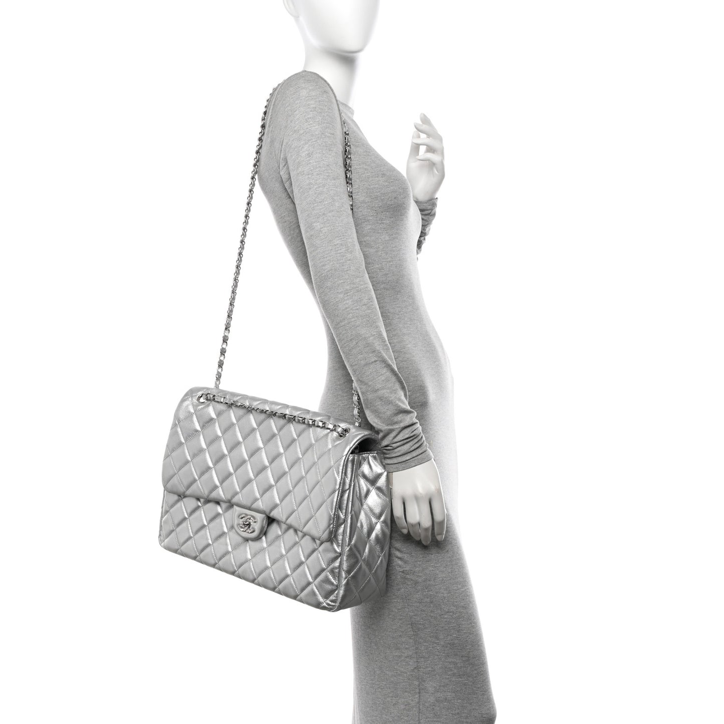 Metallic Lambskin Quilted XXL Travel Flap Bag Silver