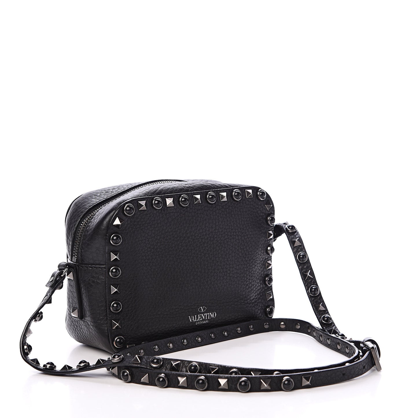 Grained Calfskin Onyx Rockstud Rolling Camera Crossbody Bag Black