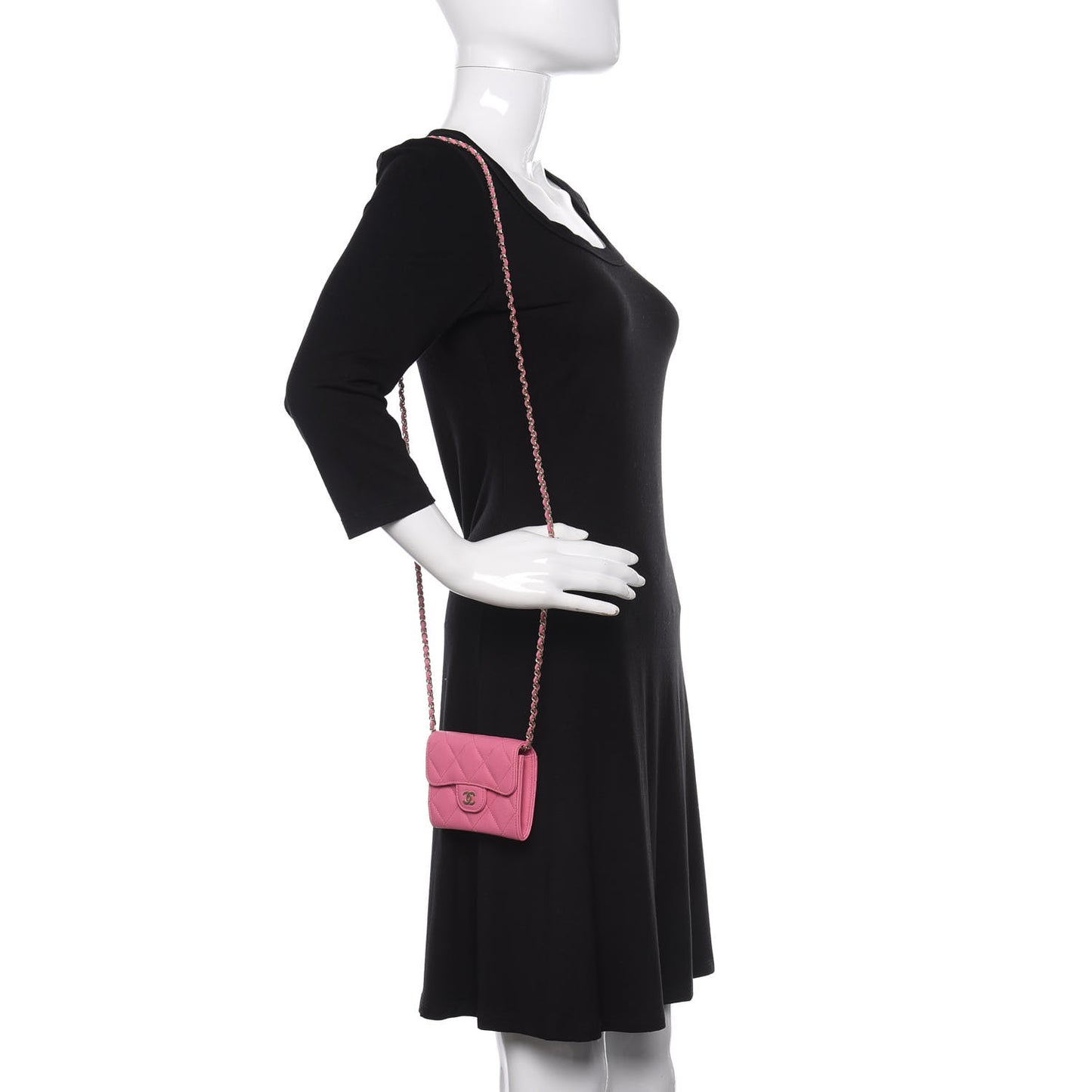 Caviar Quilted Flap Card Holder On Chain Pink