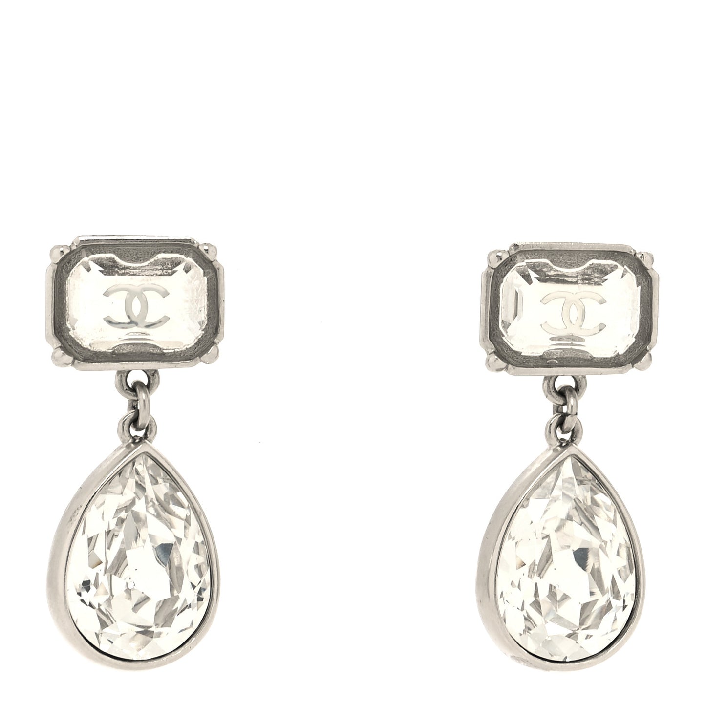 Crystal CC Tear Drop Earrings Silver