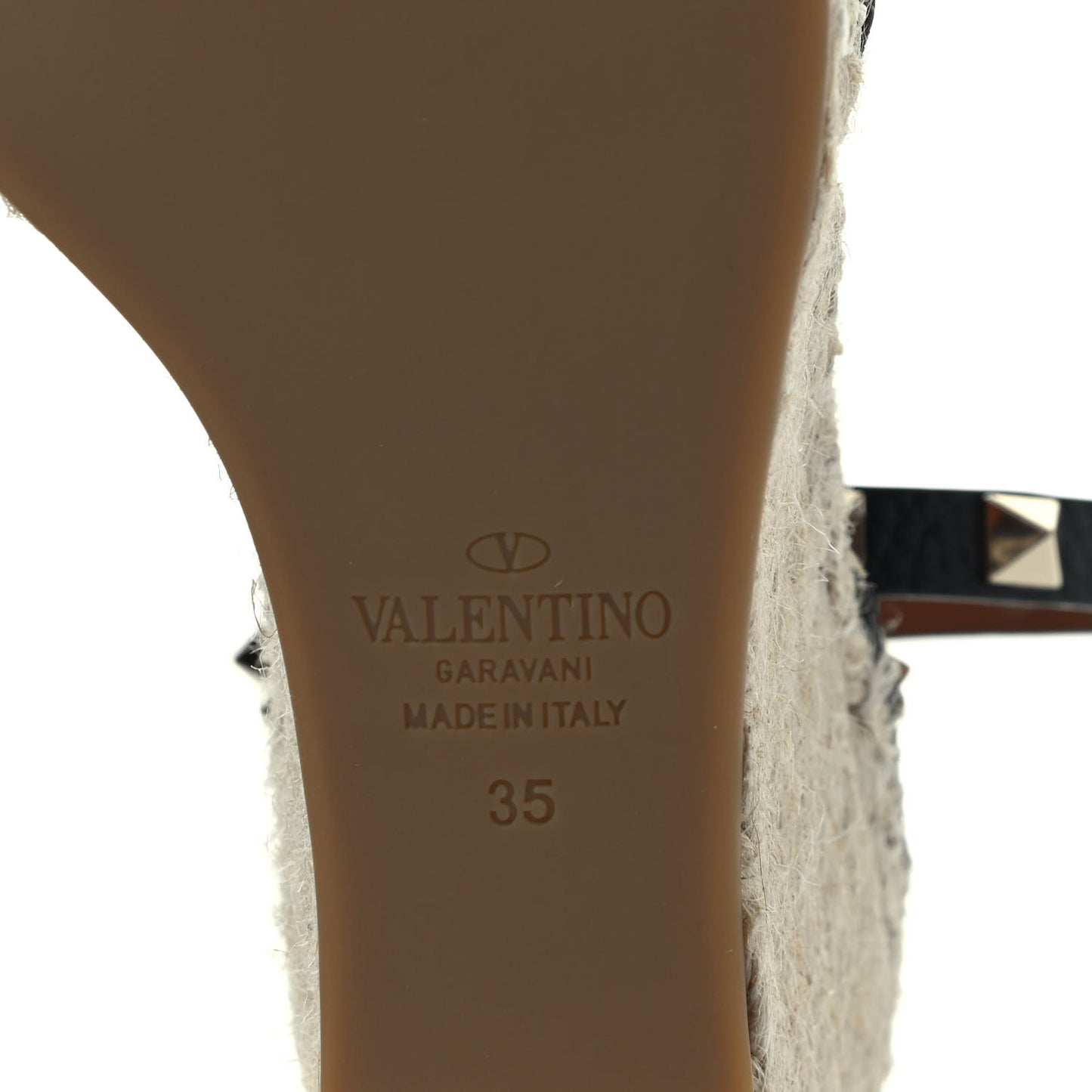 Grained Calfskin Rockstud Ankle Wrap Espadrille 15/85mm Wedges 35 Black Light Cuir