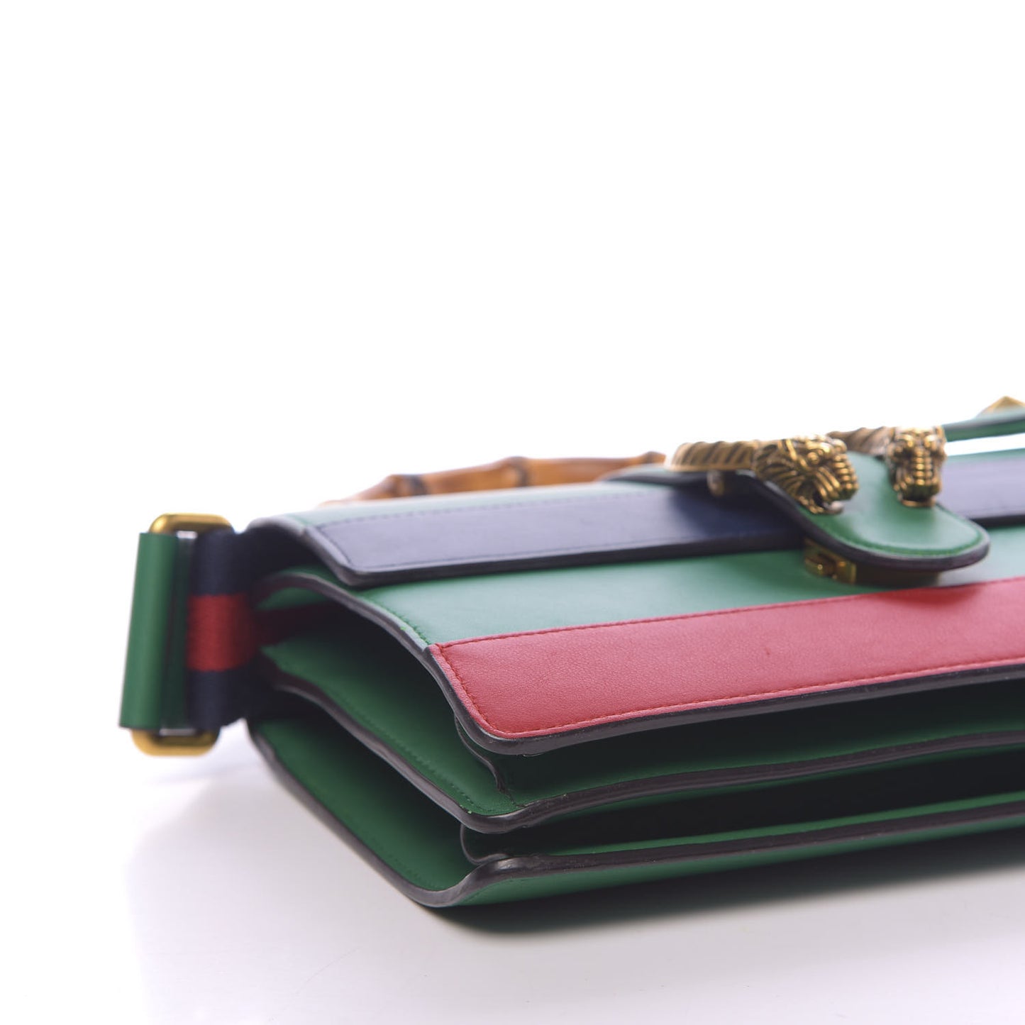 Moon Calfskin Web Medium Dionysus Bamboo Top Handle Bag Emerald Blue Hibiscus Red
