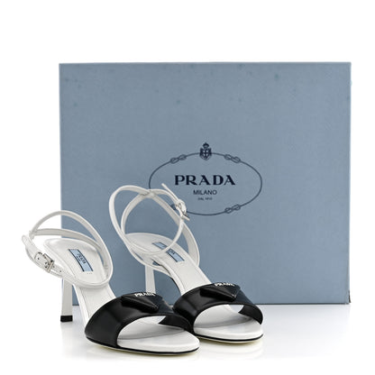 Prada Spazzolato Metal Triangle Logo Ankle Strap 100mm Sandals 36.5 Black White 10 of 10