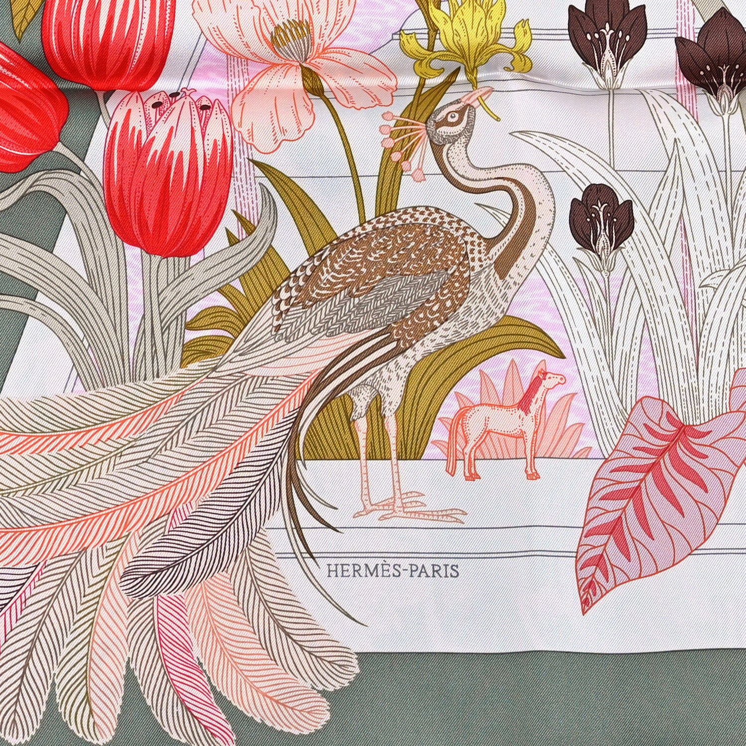 Hermes Silk Twill Precious Paradise Scarf 90 Kaki Rose Rouge 2 of 3