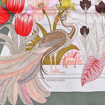 Hermes Silk Twill Precious Paradise Scarf 90 Kaki Rose Rouge 2 of 3