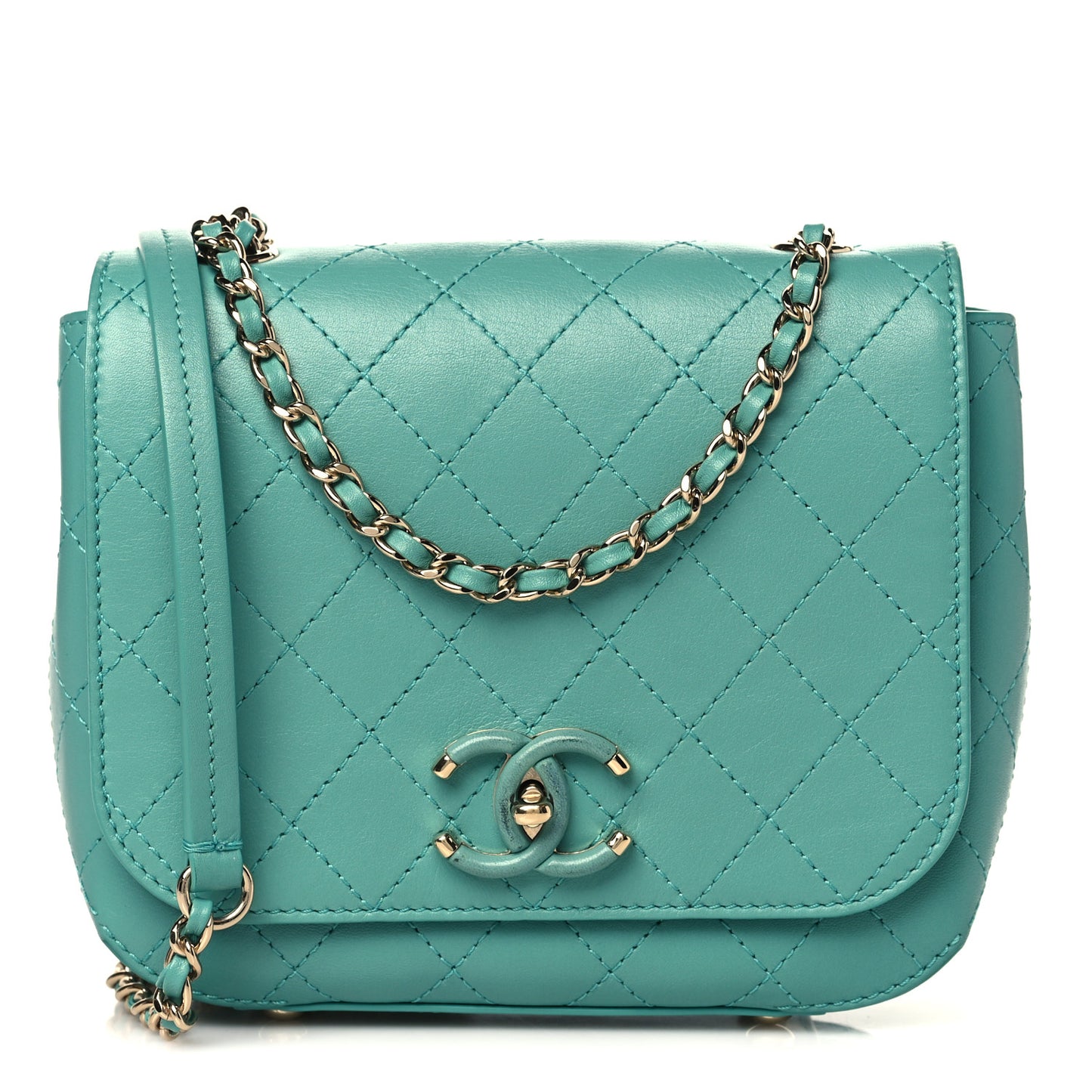 Calfskin Stitched Small Covered CC Flap Bag Green