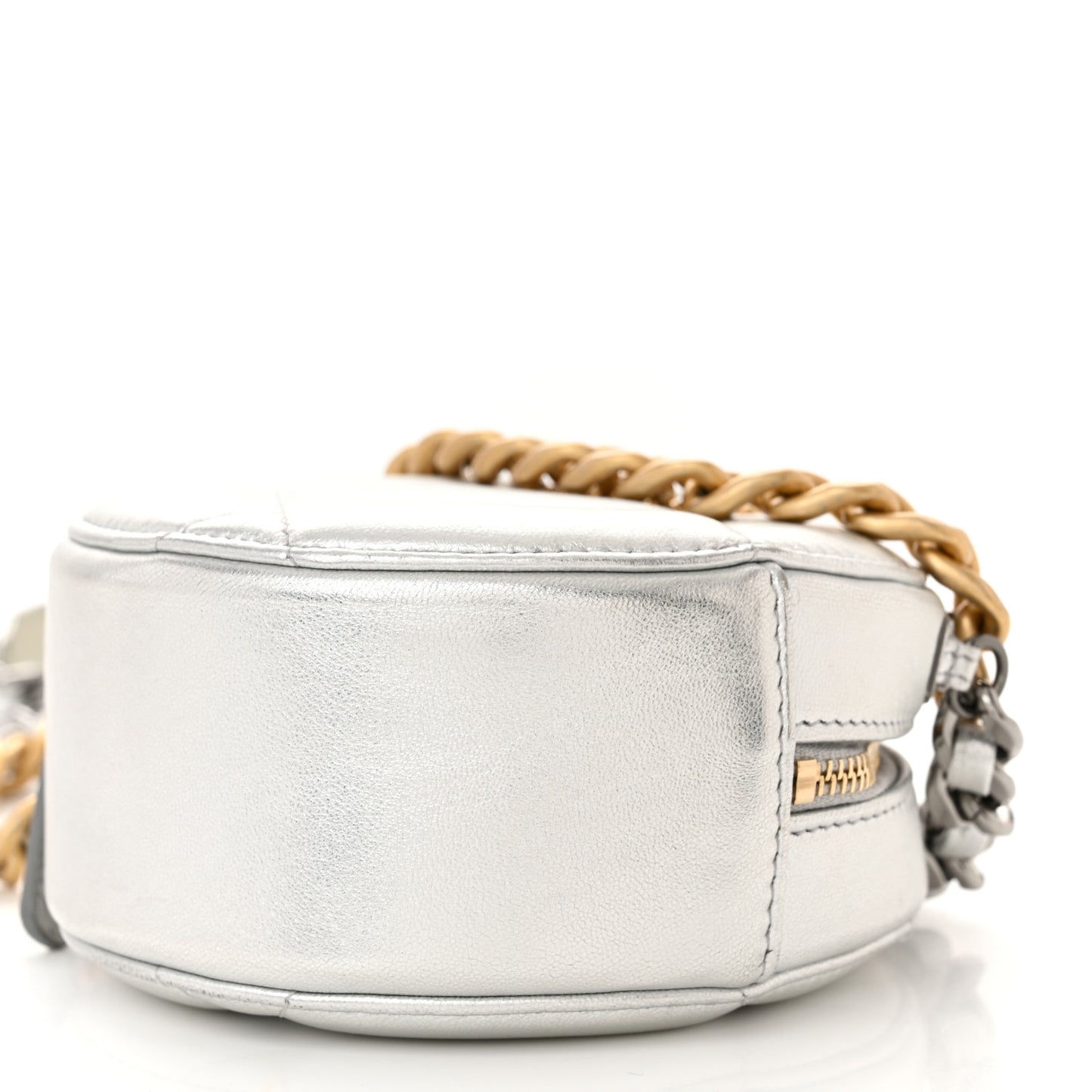 Metallic Lambskin Quilted Chanel 19 Round Clutch With Chain Silver